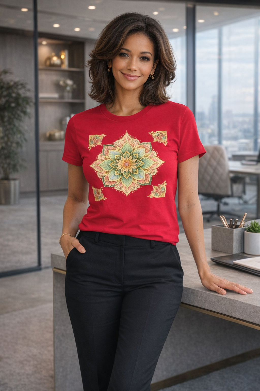 T-shirt Femme Mandala Bloom Harmonie – Imprimé Mandala Central et 4 Coins | Gildan
