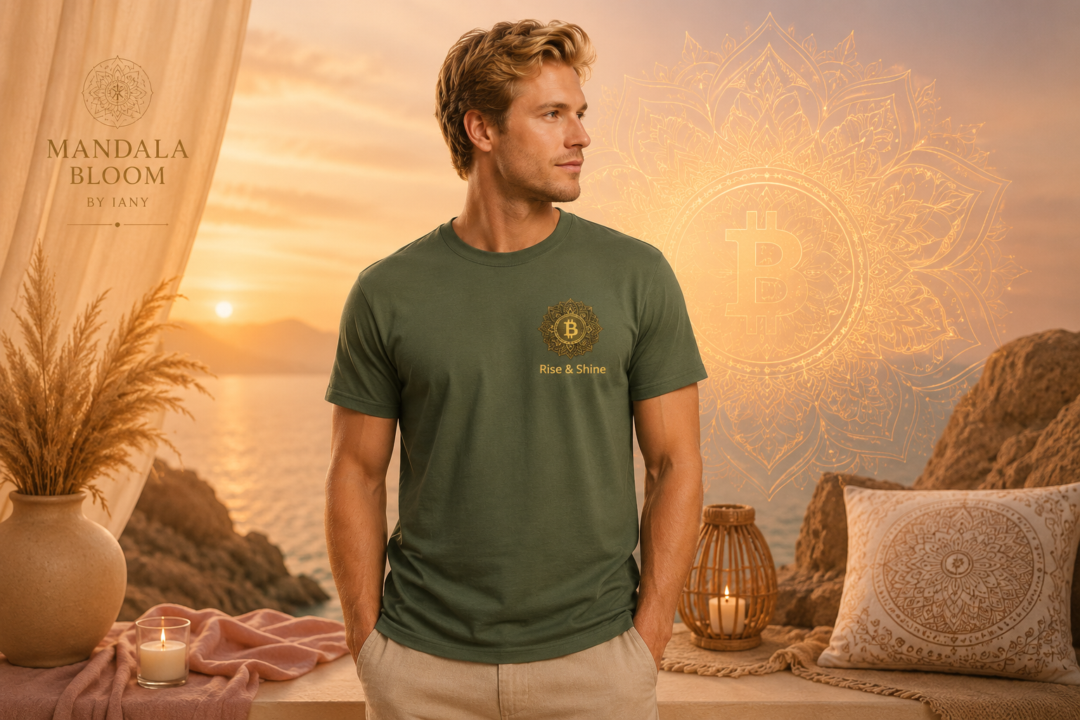 T-shirt Bitcoin Mandala Homme – Rise & Shine | Géométrie Sacrée & Crypto Lifestyle