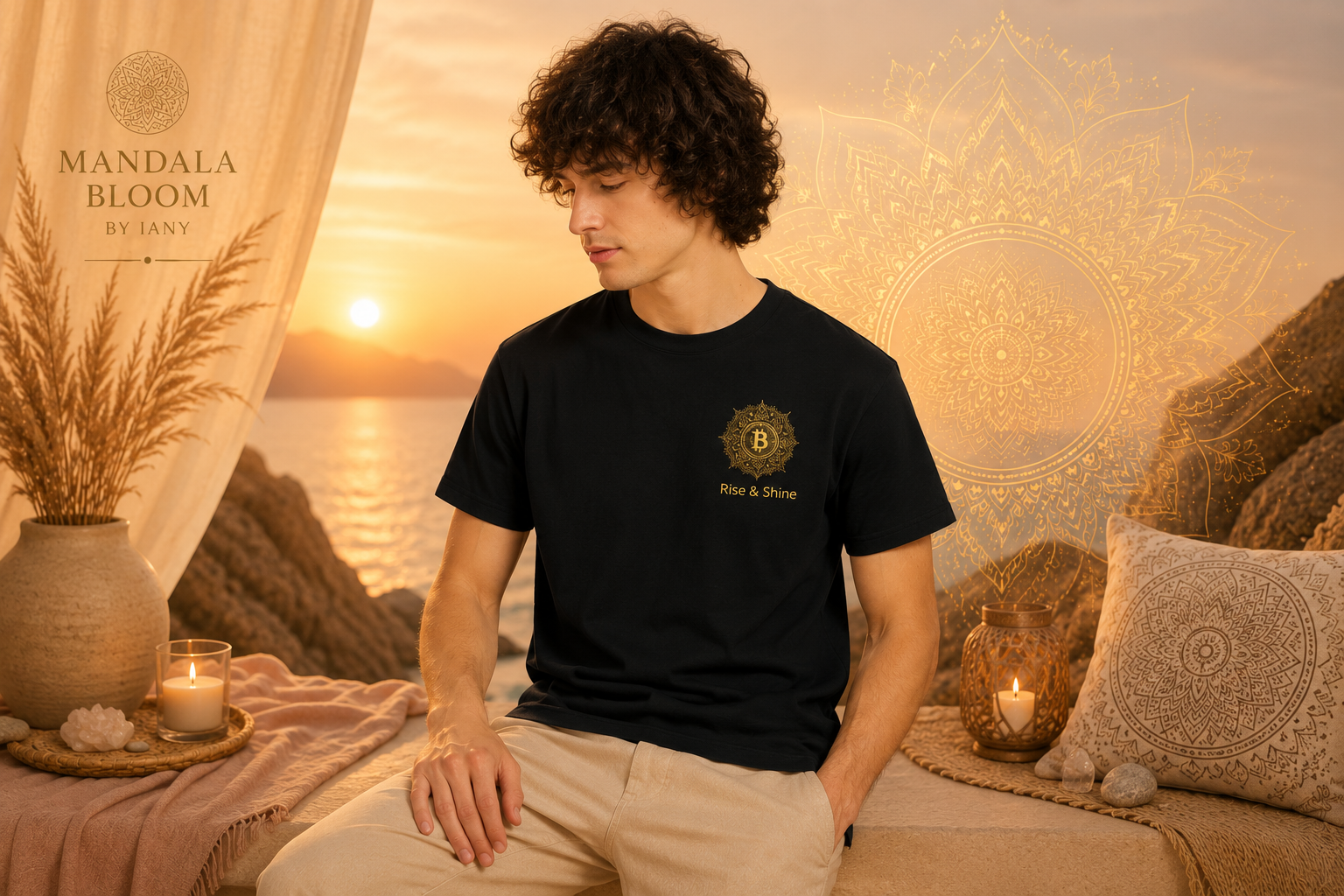 T-shirt Bitcoin Mandala Homme – Rise & Shine | Géométrie Sacrée & Crypto Lifestyle