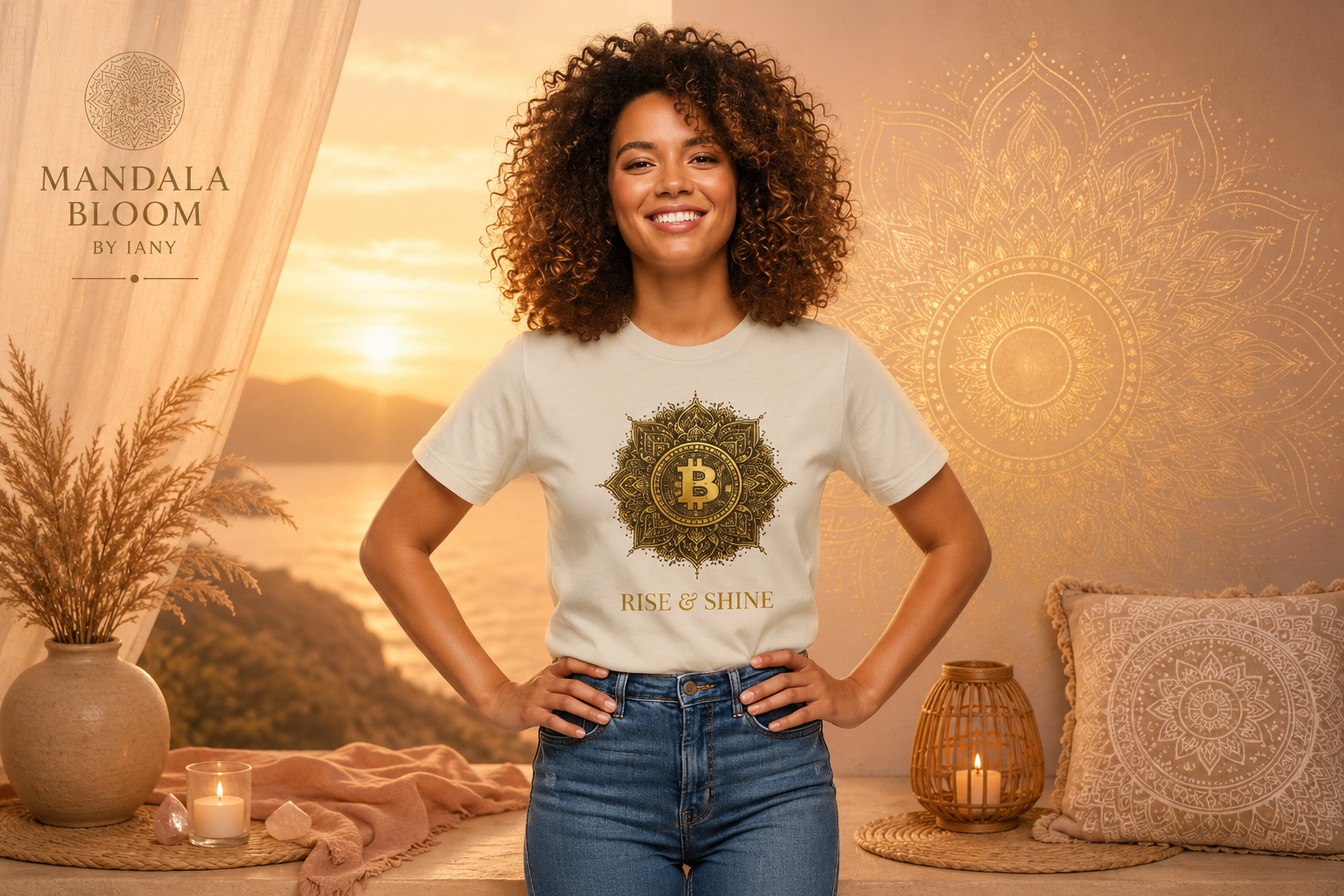 T-shirt Femme  Cotton Mandala Bitcoin – Rise & Shine, Énergie & Réussite | Gildan