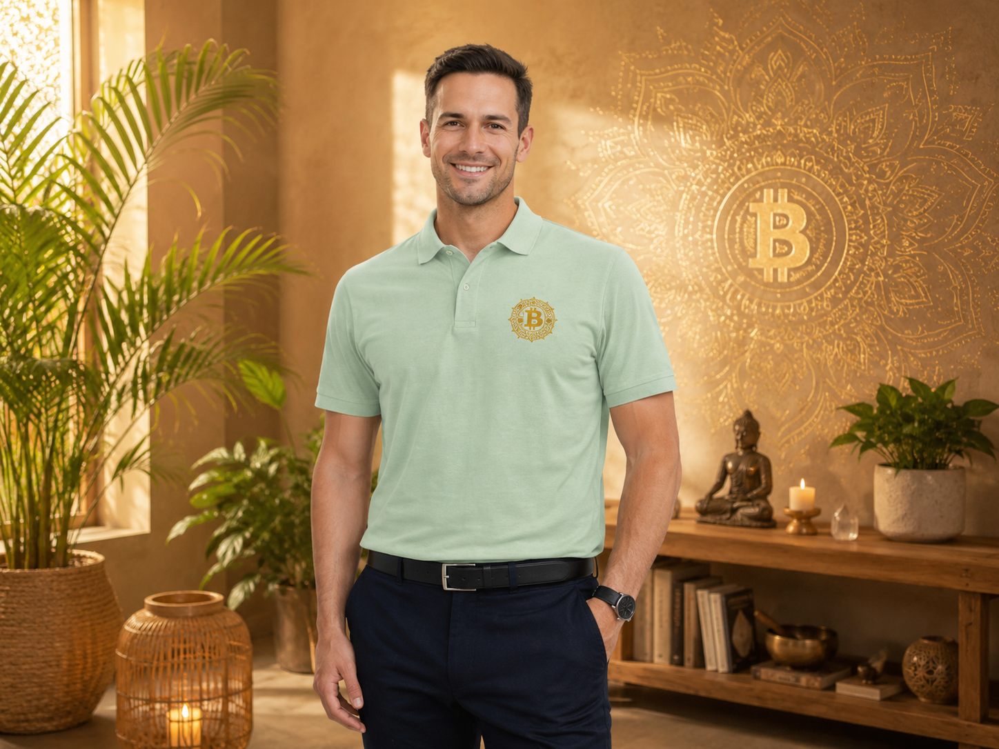 Polo Homme Premium Bitcoin Mandala – Élégance, Prospérité et Énergie d’Abondance