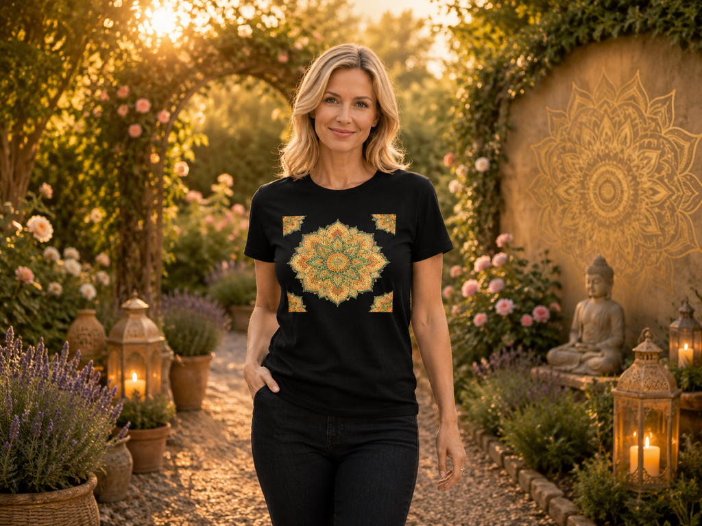 T-shirt Femme Mandala Bloom Harmonie – Imprimé Mandala Central et 4 Coins | Gildan