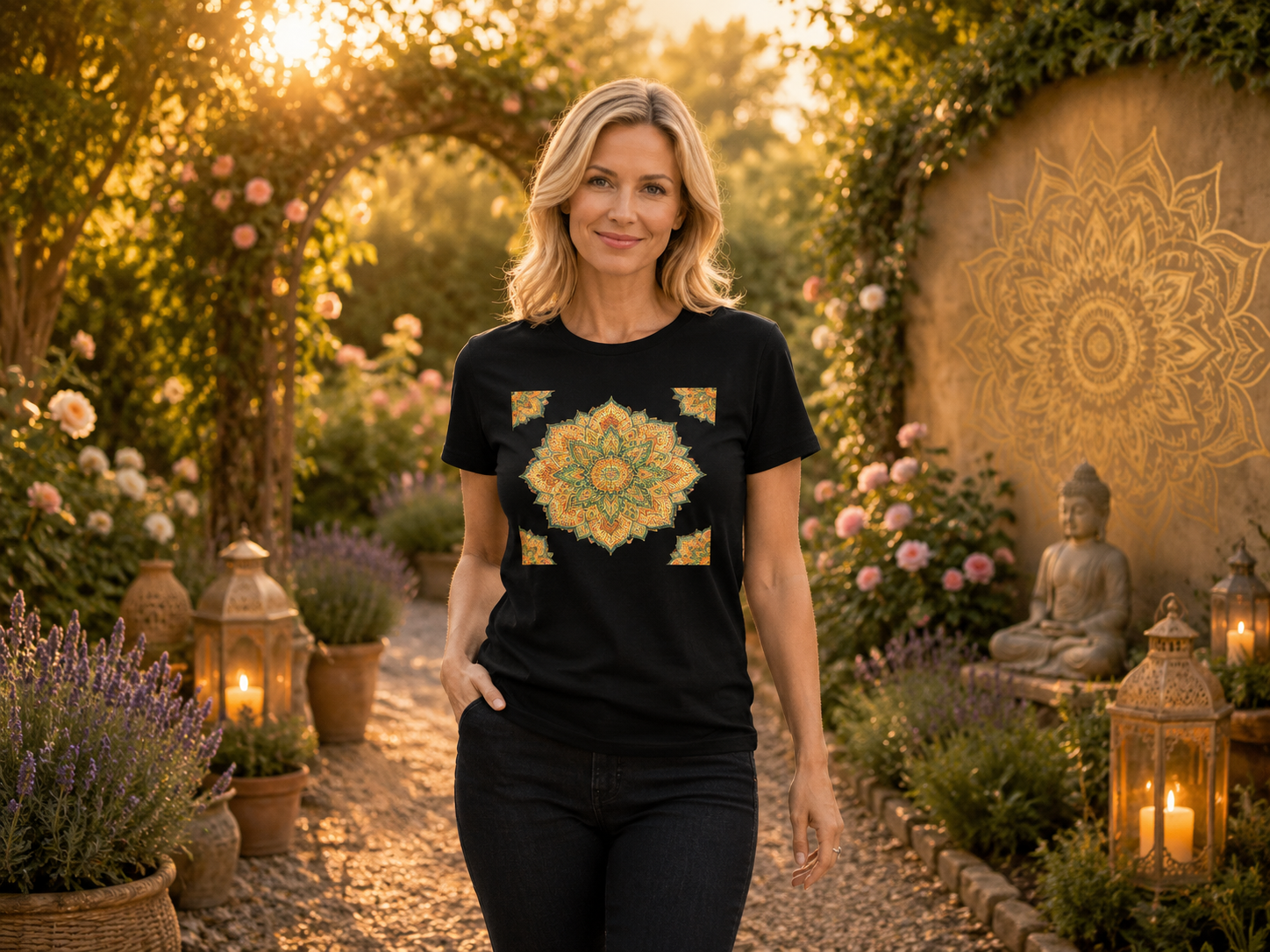 T-shirt Femme Mandala Bloom Harmonie – Imprimé Mandala Central et 4 Coins | Gildan