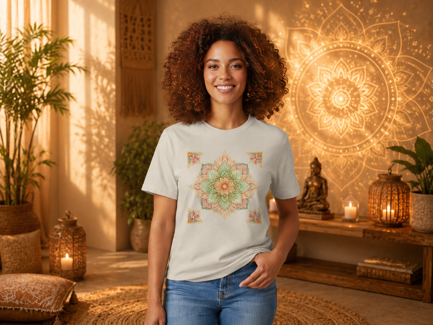 T-shirt Femme Mandala Bloom Harmonie – Imprimé Mandala Central et 4 Coins | Gildan