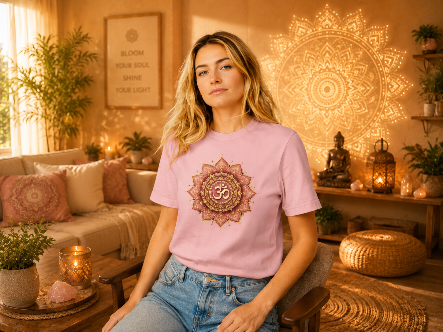 T-shirt Femme Premium Mandala OM Rose – Yoga, Méditation & Sérénité