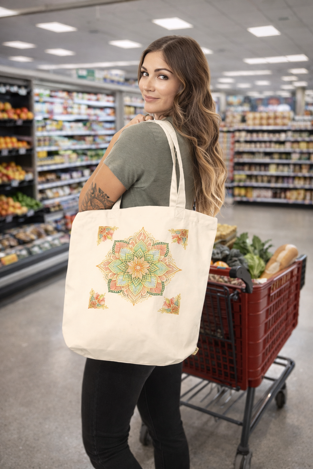 Tote Bag Bio Femme Mandala Harmonie – Sac en Coton Naturel Écoresponsable