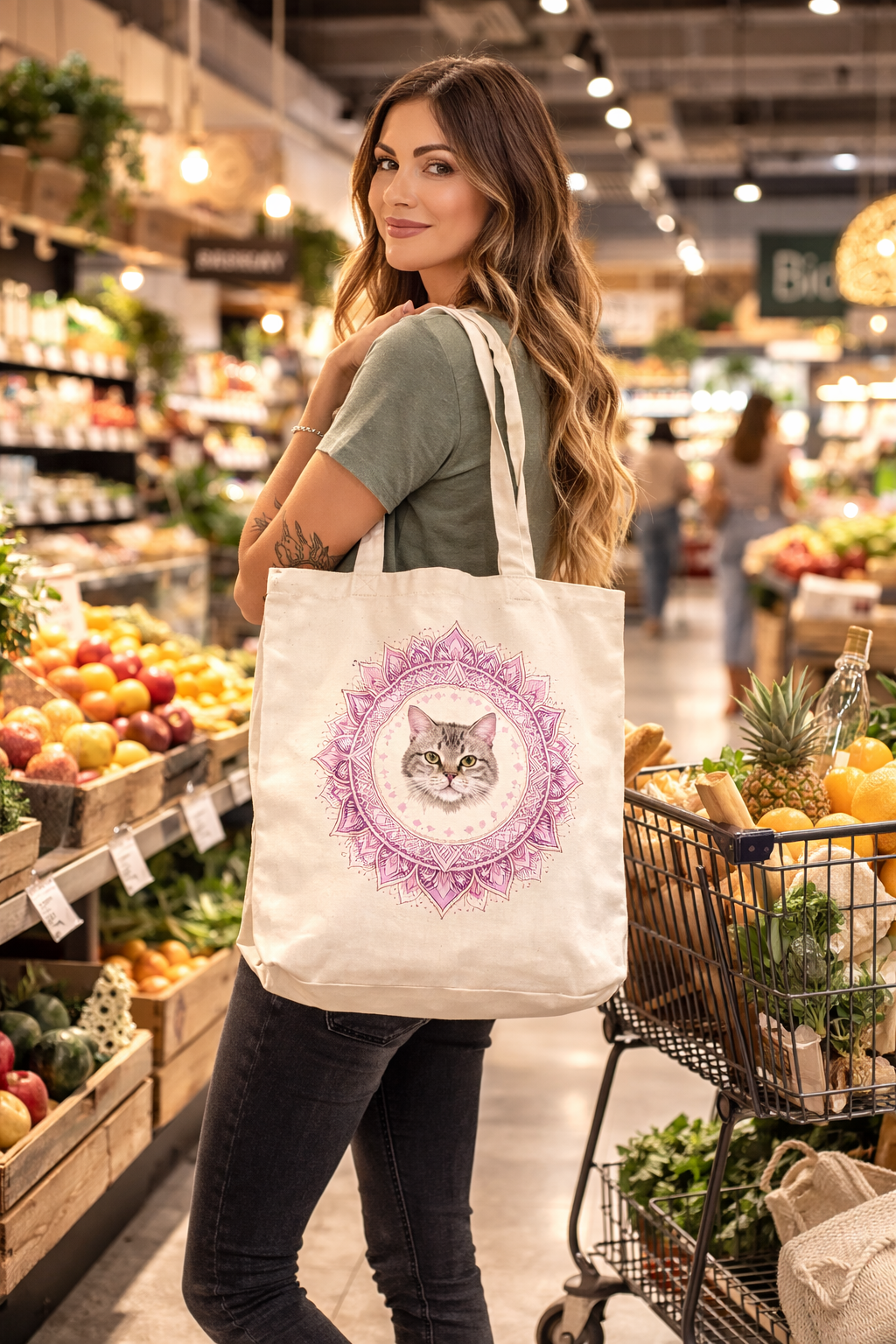 Tote Bag Femme Chat Mandala Coton Bio
