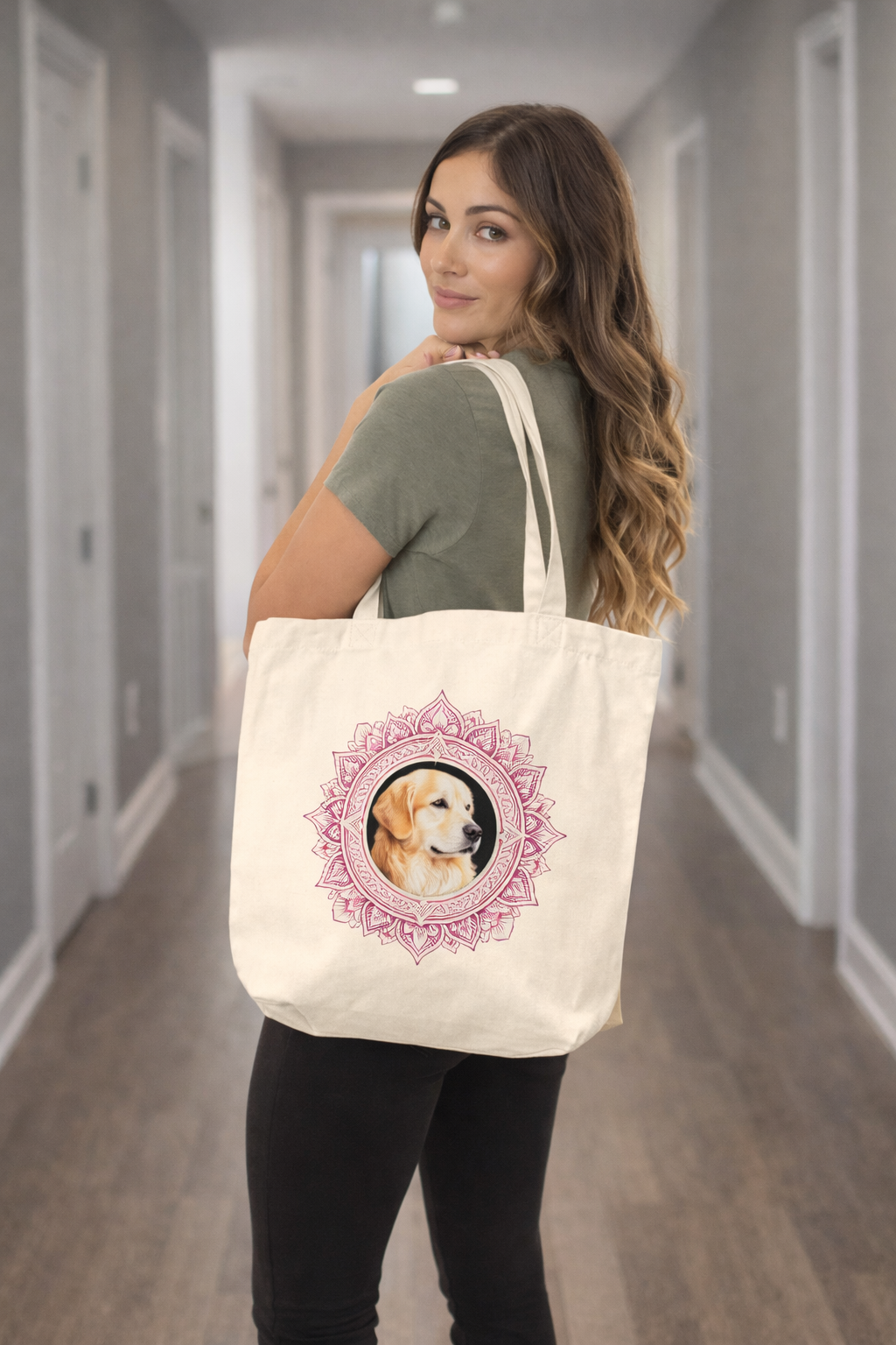 Tote Bag Femme en Coton Bio Mandala Chien Golden – Sac Écologique Réutilisable
