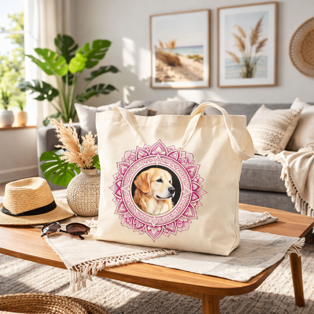 Tote Bag Femme en Coton Bio Mandala Chien Golden – Sac Écologique Réutilisable